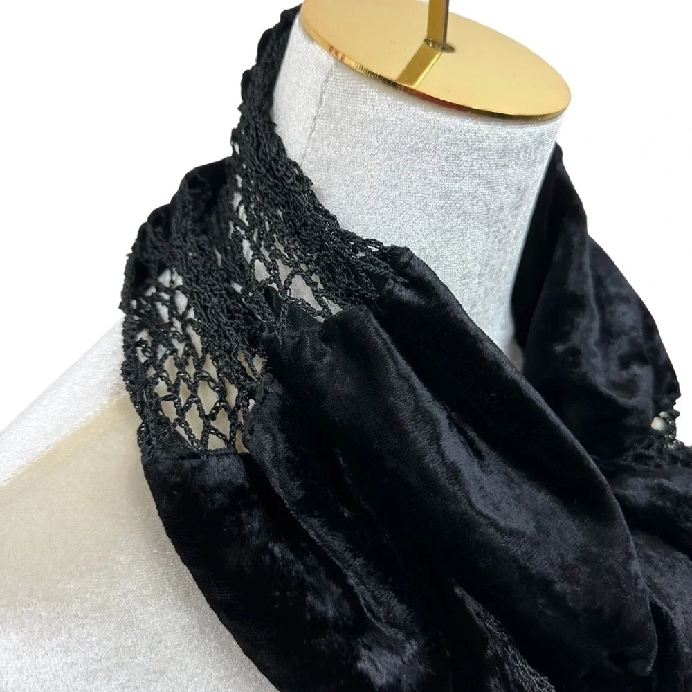 Whimsigoth Black Velvet Lace Fringe Scarf, Vintage Elegance